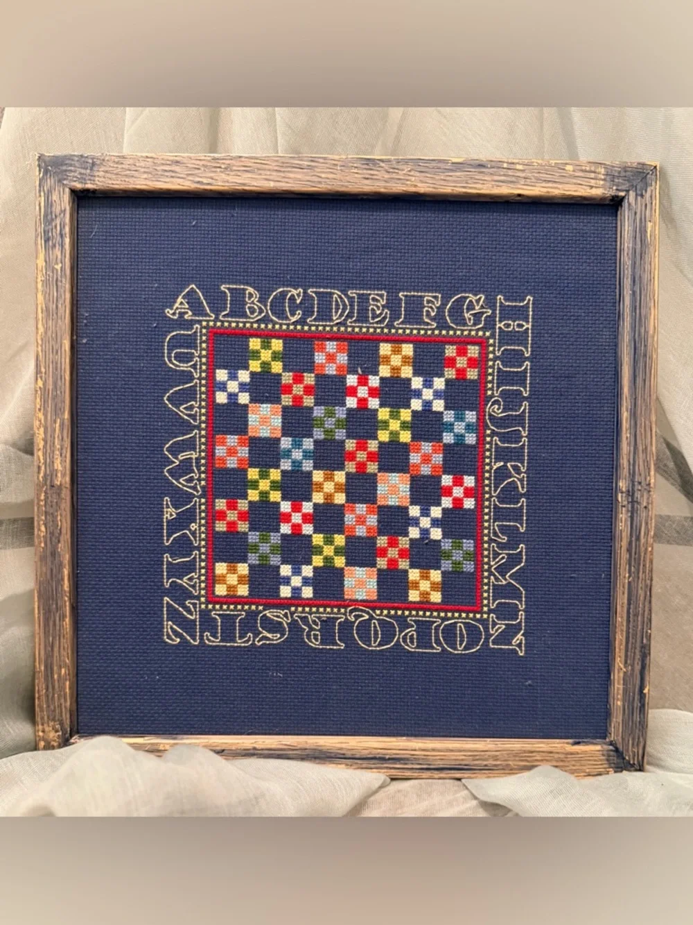 Framed Navy Cross-Stitch Alphabet & Patchwork Wall Art